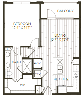 Floor plan for 1 bed, 1 bath, 825 sqft